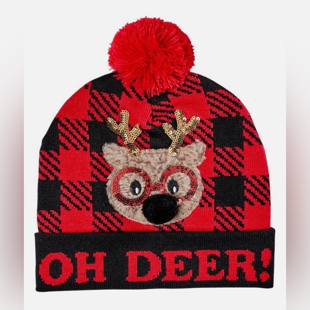 Holiday Time Oh Deer! Reindeer Beanie Hat Plaid Pom Christmas Winter USED